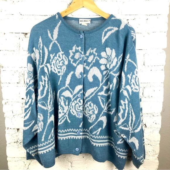 Vintage Plus Size Floral Knit Cardigan Sweater - Picture 1 of 9